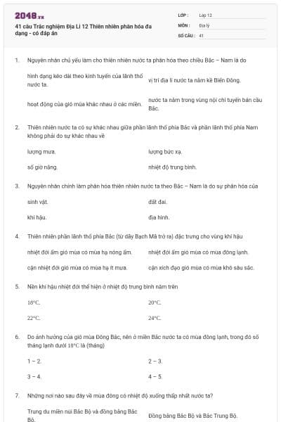 41 câu Trắc nghiệm Địa Li 12 Thiên nhiên phân hóa đa dạng - có đáp án