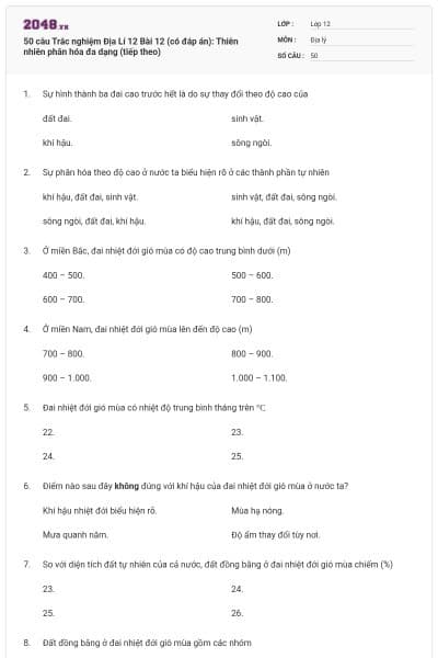 50 câu Trắc nghiệm Địa Lí 12 Bài 12 (có đáp án): Thiên nhiên phân hóa đa dạng (tiếp theo)