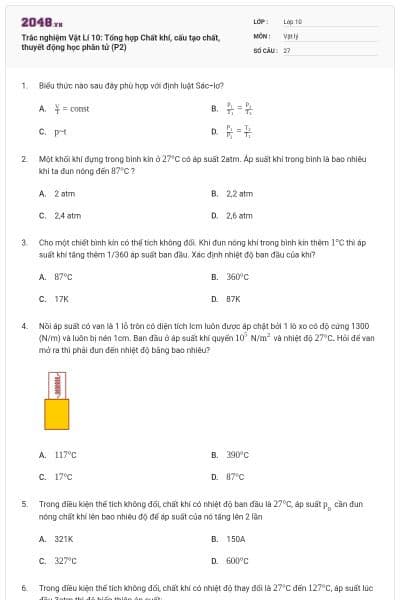 Trắc nghiệm Vật Lí 10: Tổng hợp Chất khí, cấu tạo chất, thuyết động học phân tử (P2)