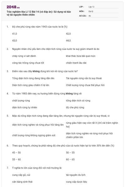 Trắc nghiệm Địa Lí 12 Bài 14 (có đáp án): Sử dụng và bảo vệ tài nguyên thiên nhiên