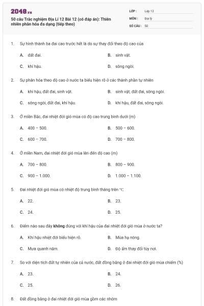 50 câu Trắc nghiệm Địa Lí 12 Bài 12 (có đáp án): Thiên nhiên phân hóa đa dạng (tiếp theo)