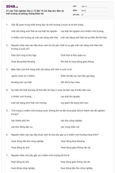 51 câu Trắc nghiệm Địa Lí 12 Bài 15 (có đáp án): Bảo vệ môi trường và phòng chống thiên tai