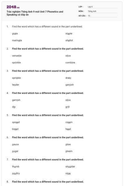 Trắc nghiệm Tiếng Anh 9 mới Unit 7 Phonetics and Speaking có đáp án