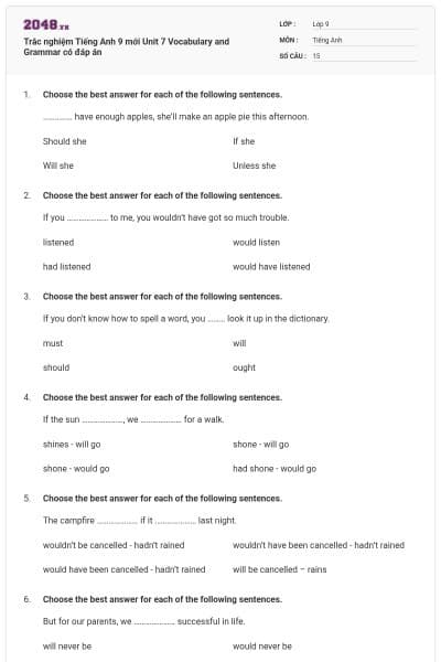 Trắc nghiệm Tiếng Anh 9 mới Unit 7 Vocabulary and Grammar có đáp án