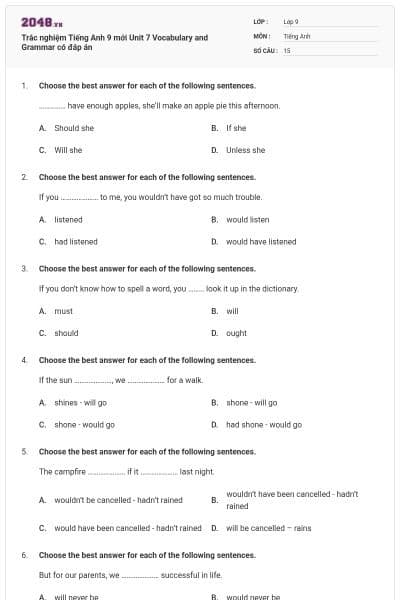 Trắc nghiệm Tiếng Anh 9 mới Unit 7 Vocabulary and Grammar có đáp án