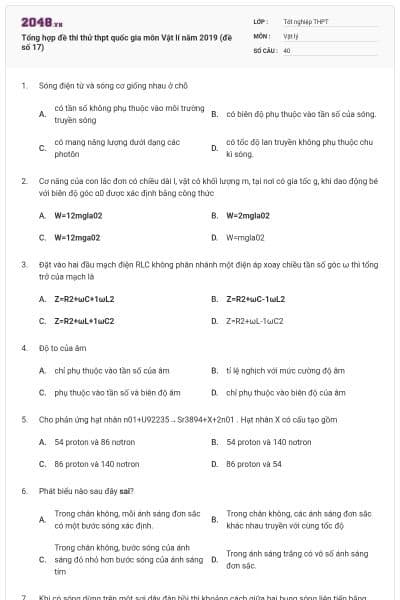 Tổng hợp đề thi thử thpt quốc gia môn Vật lí năm 2019 (đề số 17)