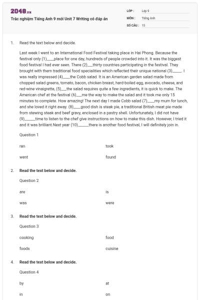 Trắc nghiệm Tiếng Anh 9 mới Unit 7 Writing có đáp án