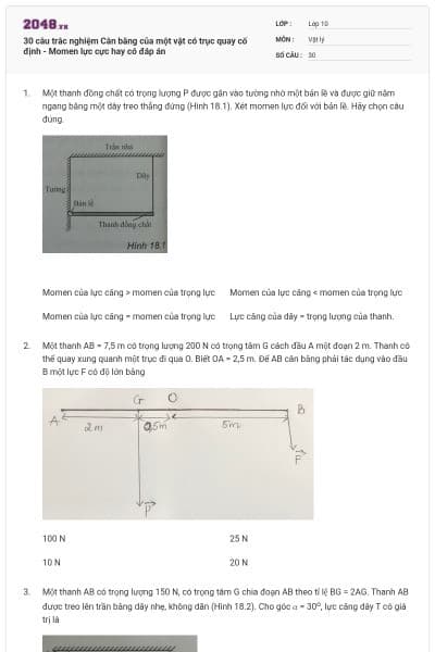 30 câu trắc nghiệm Cân bằng của một vật có trục quay cố định - Momen lực cực hay có đáp án