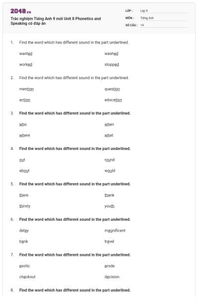 Trắc nghiệm Tiếng Anh 9 mới Unit 8 Phonetics and Speaking có đáp án
