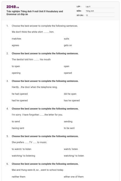 Trắc nghiệm Tiếng Anh 9 mới Unit 8 Vocabulary and Grammar có đáp án