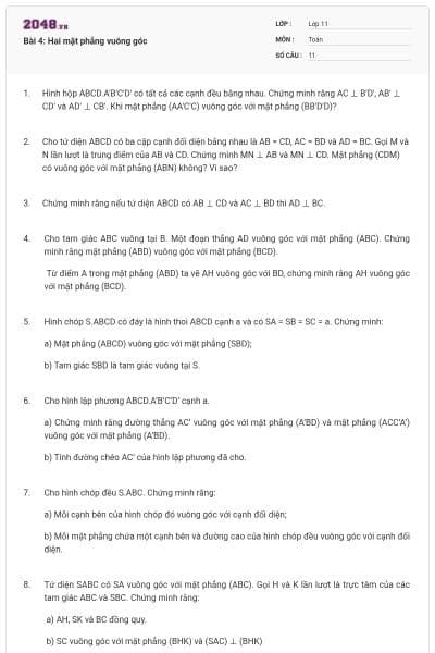 Bài 4: Hai mặt phẳng vuông góc