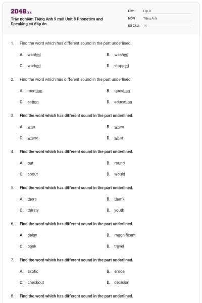 Trắc nghiệm Tiếng Anh 9 mới Unit 8 Phonetics and Speaking có đáp án