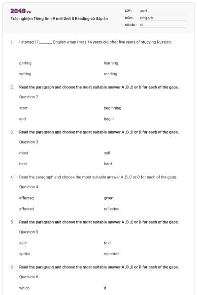Trắc nghiệm Tiếng Anh 9 mới Unit 8 Reading có đáp án