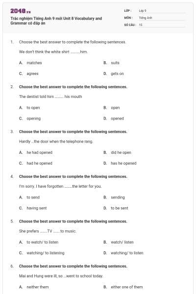 Trắc nghiệm Tiếng Anh 9 mới Unit 8 Vocabulary and Grammar có đáp án