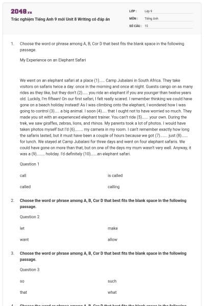 Trắc nghiệm Tiếng Anh 9 mới Unit 8 Writing có đáp án