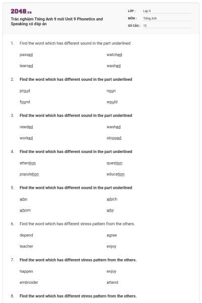 Trắc nghiệm Tiếng Anh 9 mới Unit 9 Phonetics and Speaking có đáp án