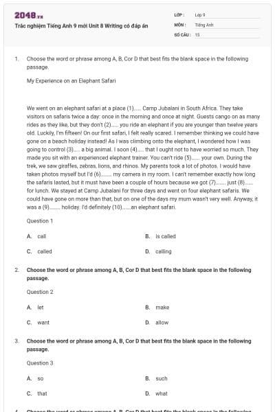 Trắc nghiệm Tiếng Anh 9 mới Unit 8 Writing có đáp án