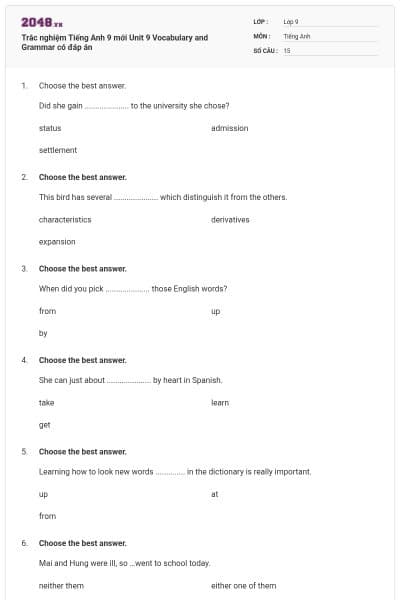 Trắc nghiệm Tiếng Anh 9 mới Unit 9 Vocabulary and Grammar có đáp án