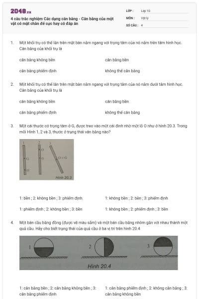 4 câu trắc nghiệm Các dạng cân bằng - Cân bằng của một vật có mặt chân đế cực hay có đáp án