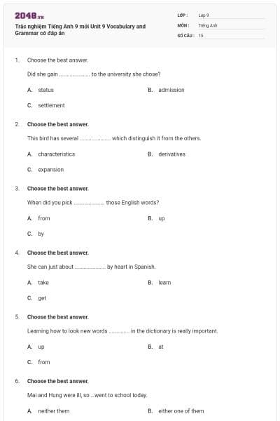 Trắc nghiệm Tiếng Anh 9 mới Unit 9 Vocabulary and Grammar có đáp án