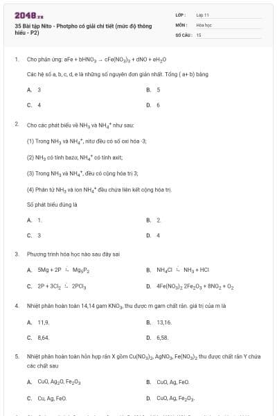 35 Bài tập Nito - Photpho có giải chi tiết (mức độ thông hiểu - P2)