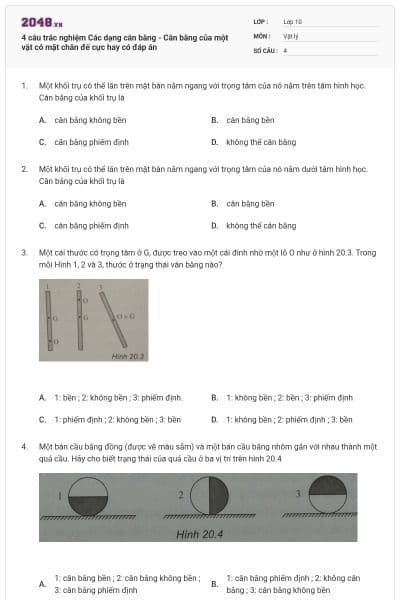 4 câu trắc nghiệm Các dạng cân bằng - Cân bằng của một vật có mặt chân đế cực hay có đáp án