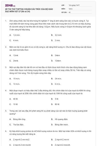 ĐỀ THI THỬ THPTQG CHUẨN CẤU TRÚC CỦA BỘ GIÁO DỤC MÔN VẬT LÝ (Đề số 24)