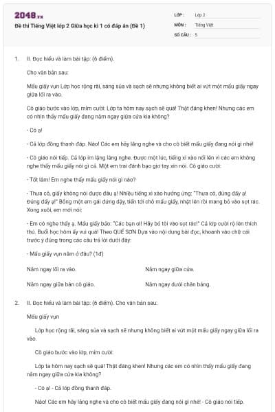 Đề thi Tiếng Việt lớp 2 Giữa học kì 1 có đáp án (Đề 1)