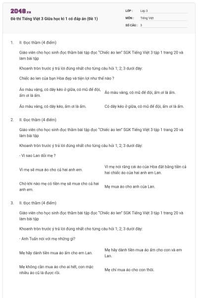 Đề thi Tiếng Việt 3 Giữa học kì 1 có đáp án (Đề 1)