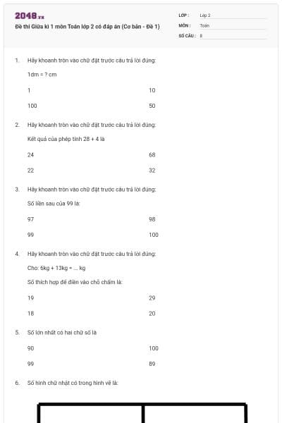 Đề thi Giữa kì 1 môn Toán lớp 2 có đáp án (Cơ bản - Đề 1)