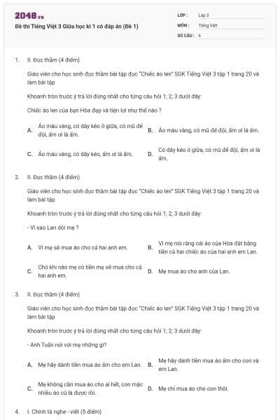 Đề thi Tiếng Việt 3 Giữa học kì 1 có đáp án (Đề 1)