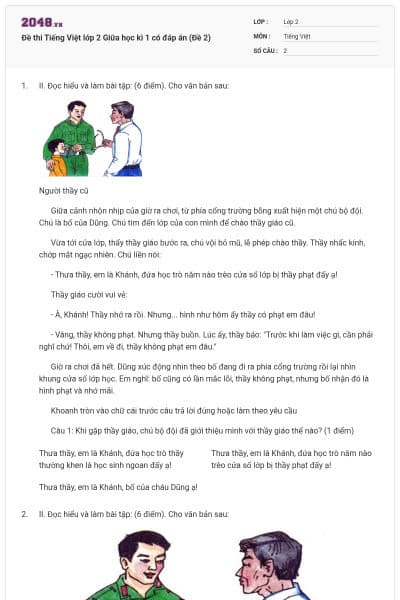 Đề thi Tiếng Việt lớp 2 Giữa học kì 1 có đáp án (Đề 2)