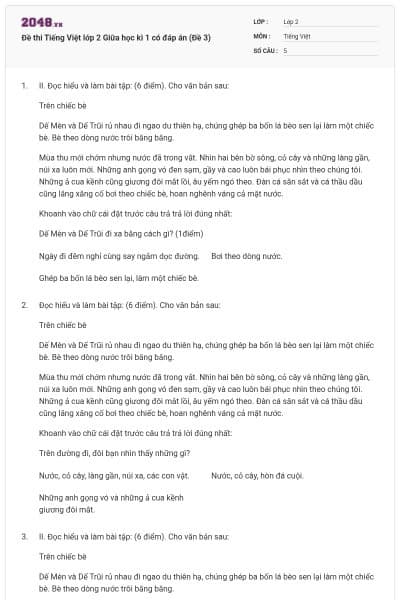 Đề thi Tiếng Việt lớp 2 Giữa học kì 1 có đáp án (Đề 3)