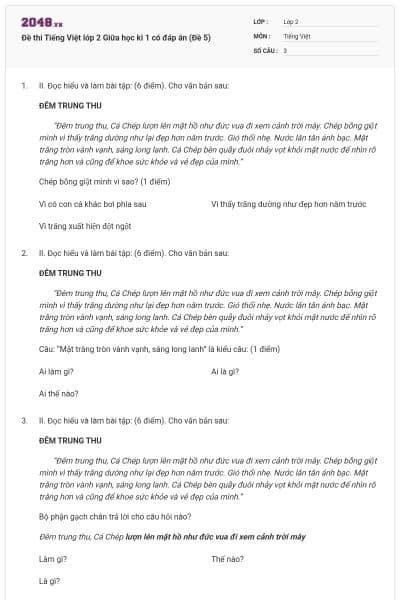 Đề thi Tiếng Việt lớp 2 Giữa học kì 1 có đáp án (Đề 5)