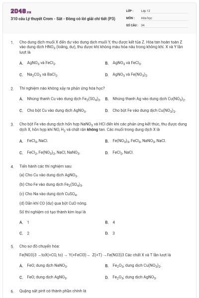 310 câu Lý thuyết Crom - Sắt - Đồng có lời giải chi tiết (P3)