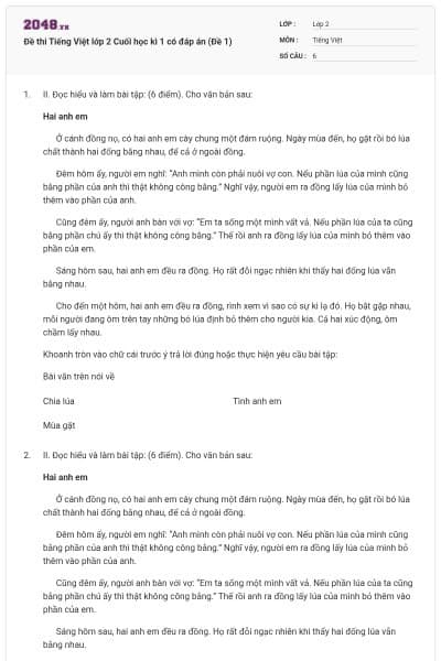 Đề thi Tiếng Việt lớp 2 Cuối học kì 1 có đáp án (Đề 1)