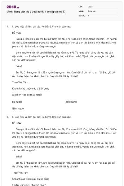 Đề thi Tiếng Việt lớp 2 Cuối học kì 1 có đáp án (Đề 5)