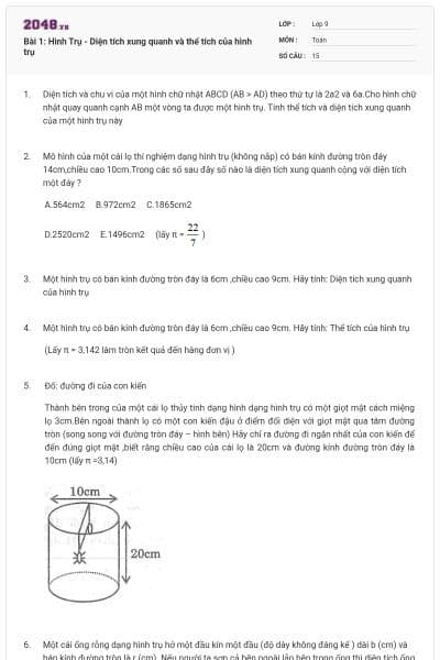 Bài 1: Hình Trụ - Diện tích xung quanh và thể tích của hình trụ
