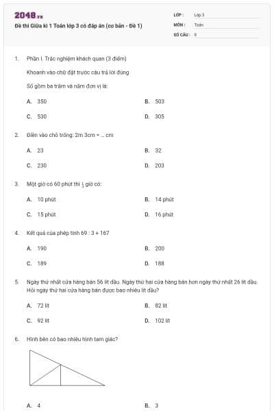 Đề thi Giữa kì 1 Toán lớp 3 có đáp án (cơ bản - Đề 1)