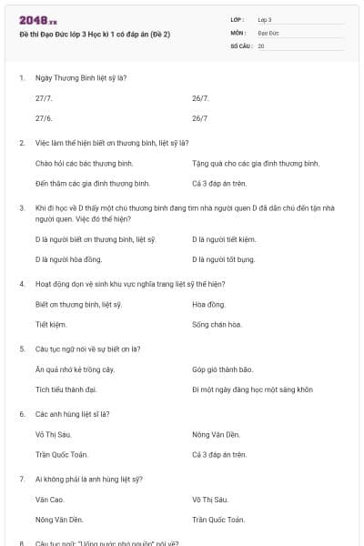 Đề thi Đạo Đức lớp 3 Học kì 1 có đáp án (Đề 2)