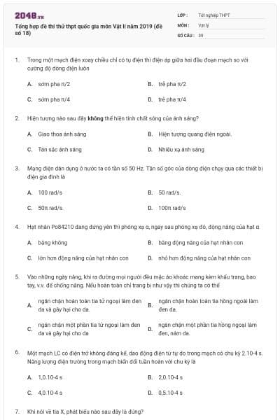 Tổng hợp đề thi thử thpt quốc gia môn Vật lí năm 2019 (đề số 18)