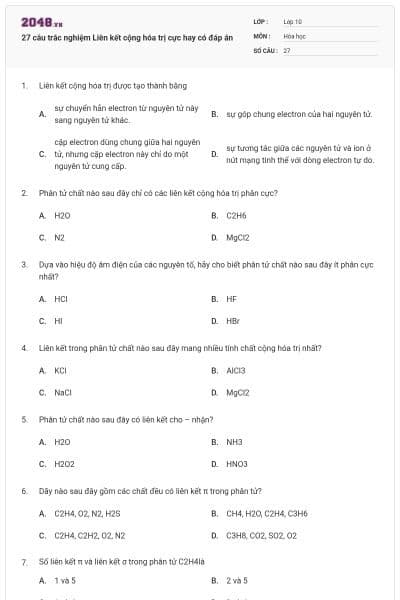 27 câu trắc nghiệm Liên kết cộng hóa trị cực hay có đáp án