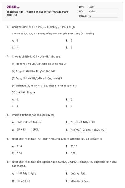 35 Bài tập Nito - Photpho có giải chi tiết (mức độ thông hiểu - P2)