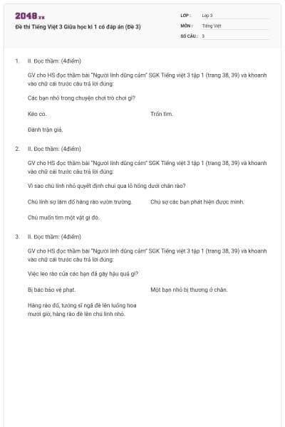Đề thi Tiếng Việt 3 Giữa học kì 1 có đáp án (Đề 3)