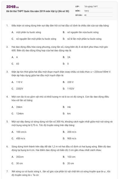 Đề thi thử THPT Quốc Gia năm 2019 môn Vật Lý (Đề số 30)