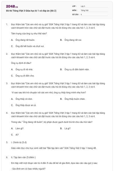 Đề thi Tiếng Việt 3 Giữa học kì 1 có đáp án (Đề 2)