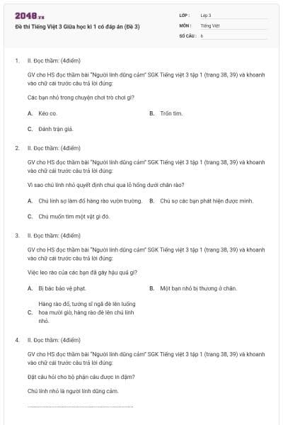 Đề thi Tiếng Việt 3 Giữa học kì 1 có đáp án (Đề 3)