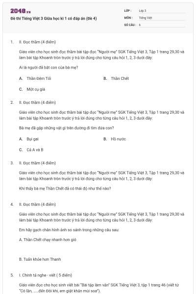 Đề thi Tiếng Việt 3 Giữa học kì 1 có đáp án (Đề 4)