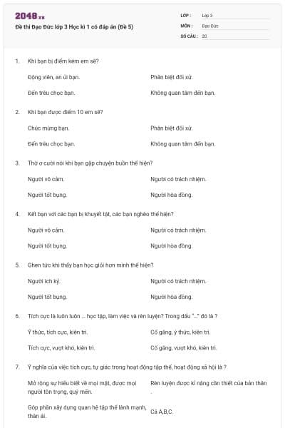 Đề thi Đạo Đức lớp 3 Học kì 1 có đáp án (Đề 5)