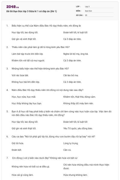 Đề thi Đạo Đức lớp 3 Giữa kì 1 có đáp án (Đề 1)